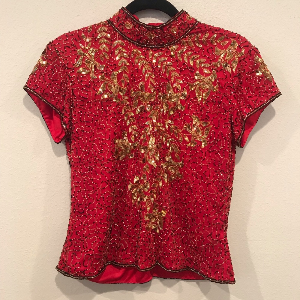 Vintage Sequin Beaded Top Red & Gold